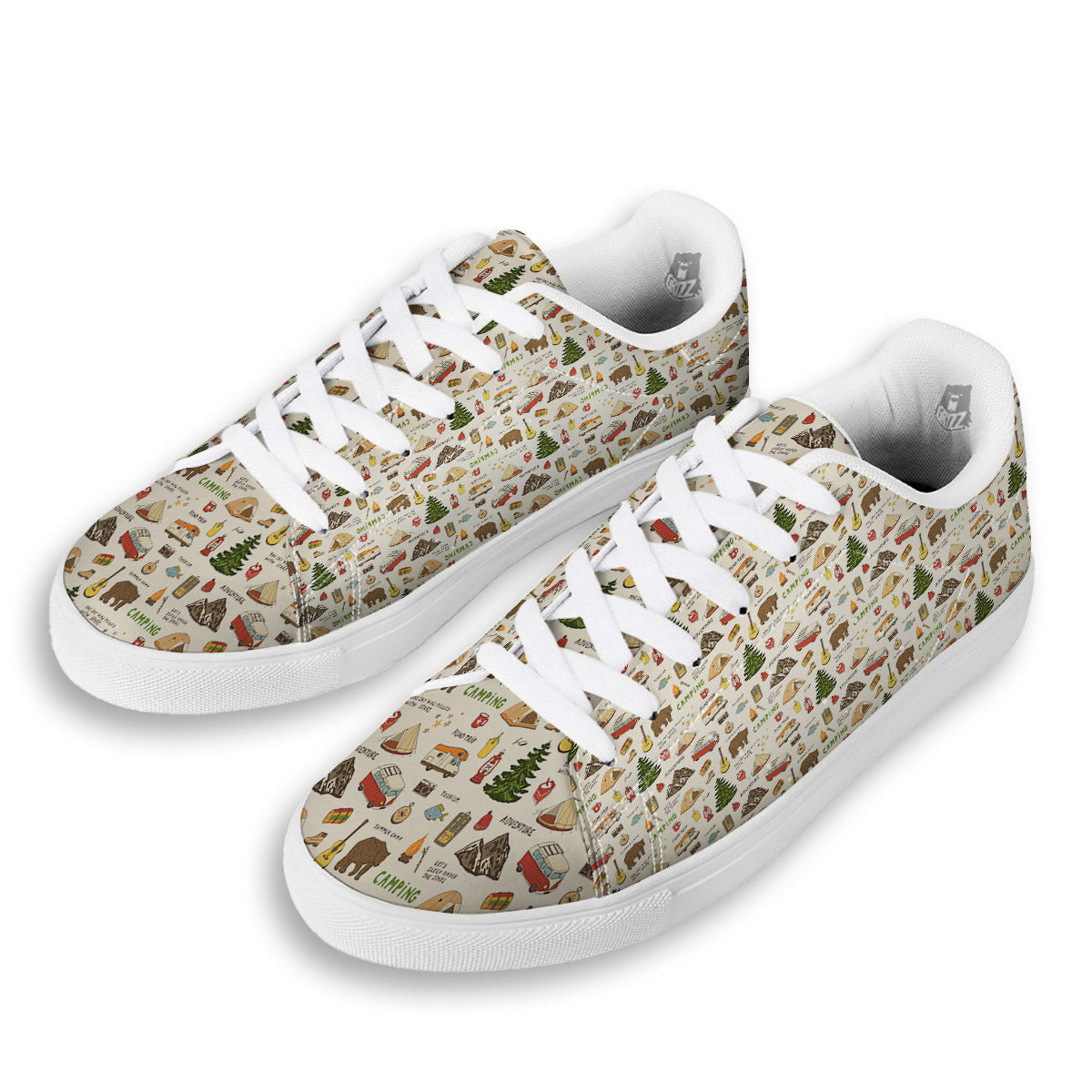 Camping Cartoon Print Pattern White Low Top Sneakers-grizzshop
