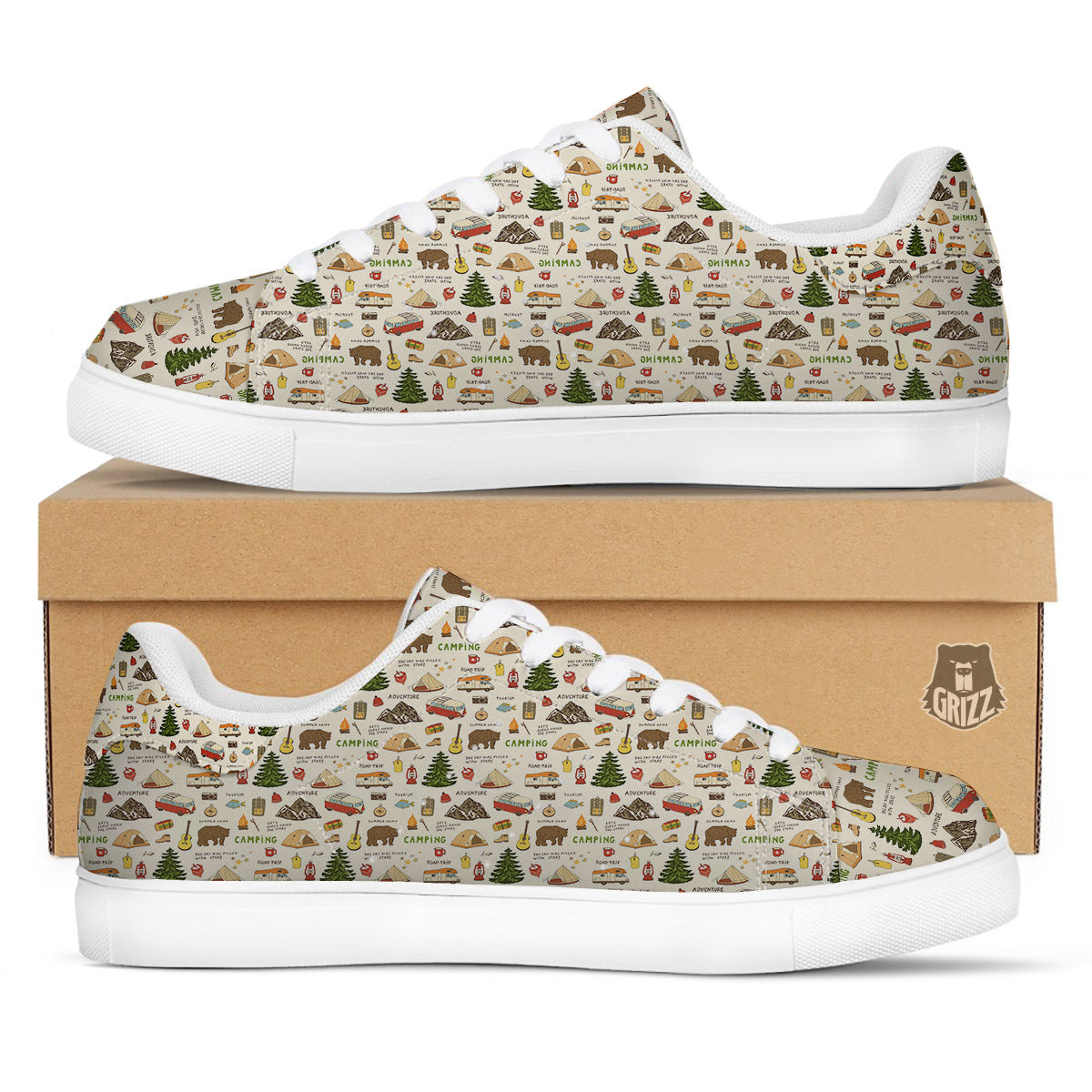 Camping Cartoon Print Pattern White Low Top Sneakers-grizzshop