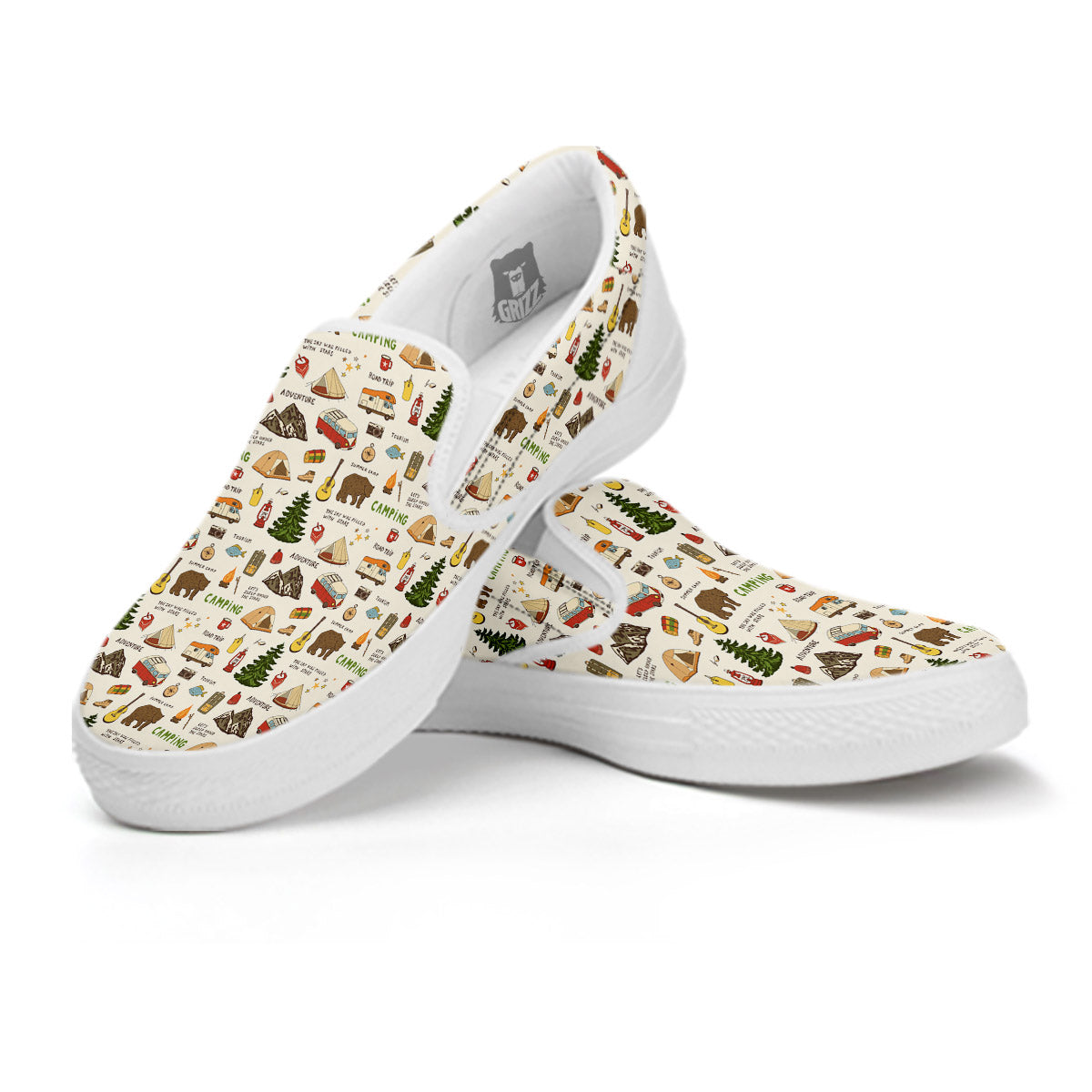 Camping Cartoon Print Pattern White Slip On Shoes-grizzshop