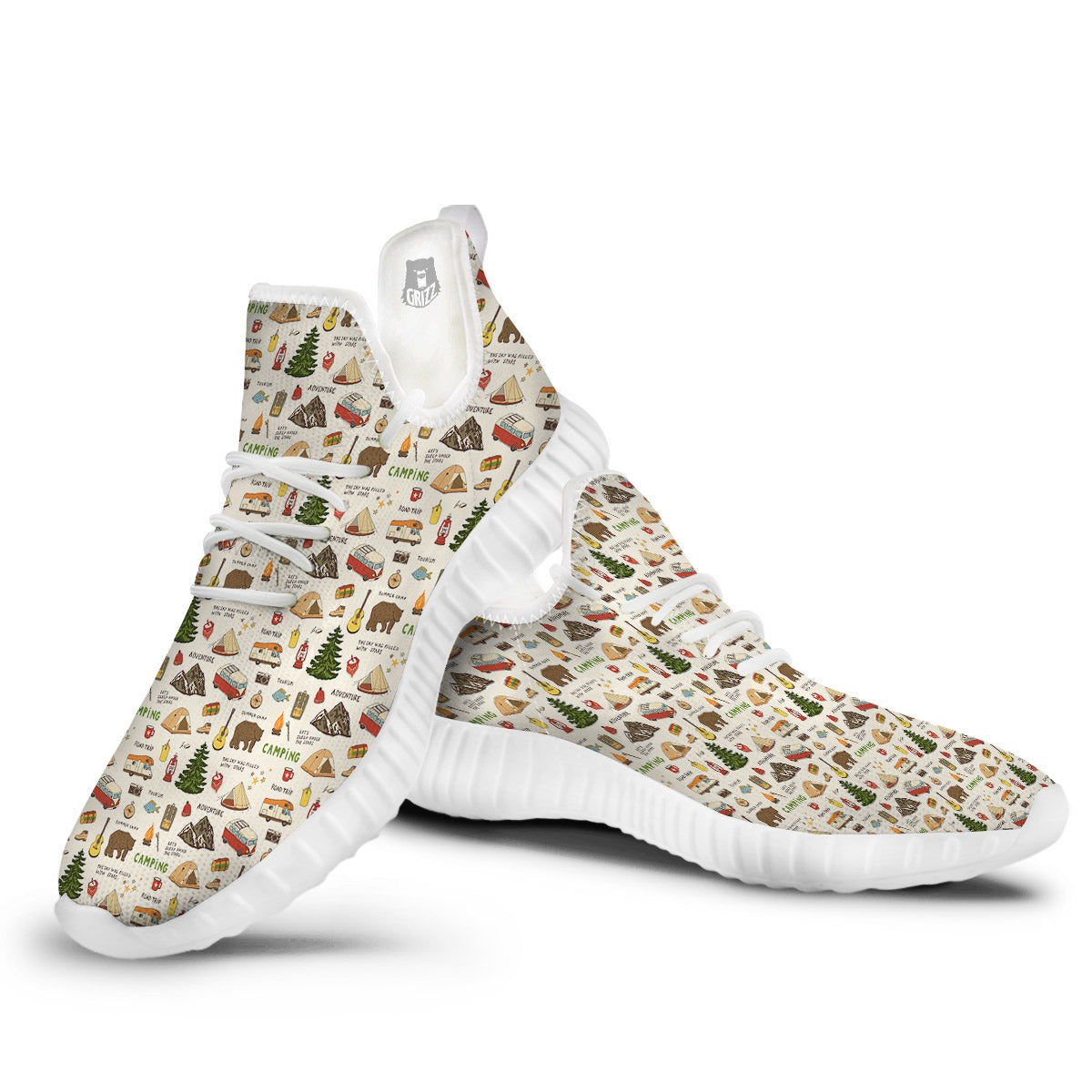 Camping Cartoon Print Pattern White Walking Shoes-grizzshop