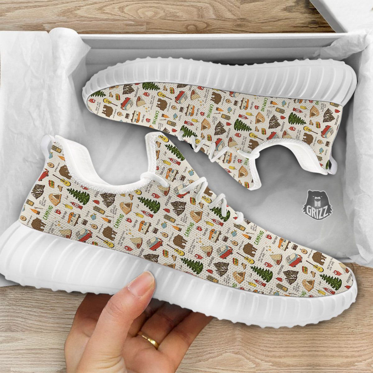 Camping Cartoon Print Pattern White Walking Shoes-grizzshop