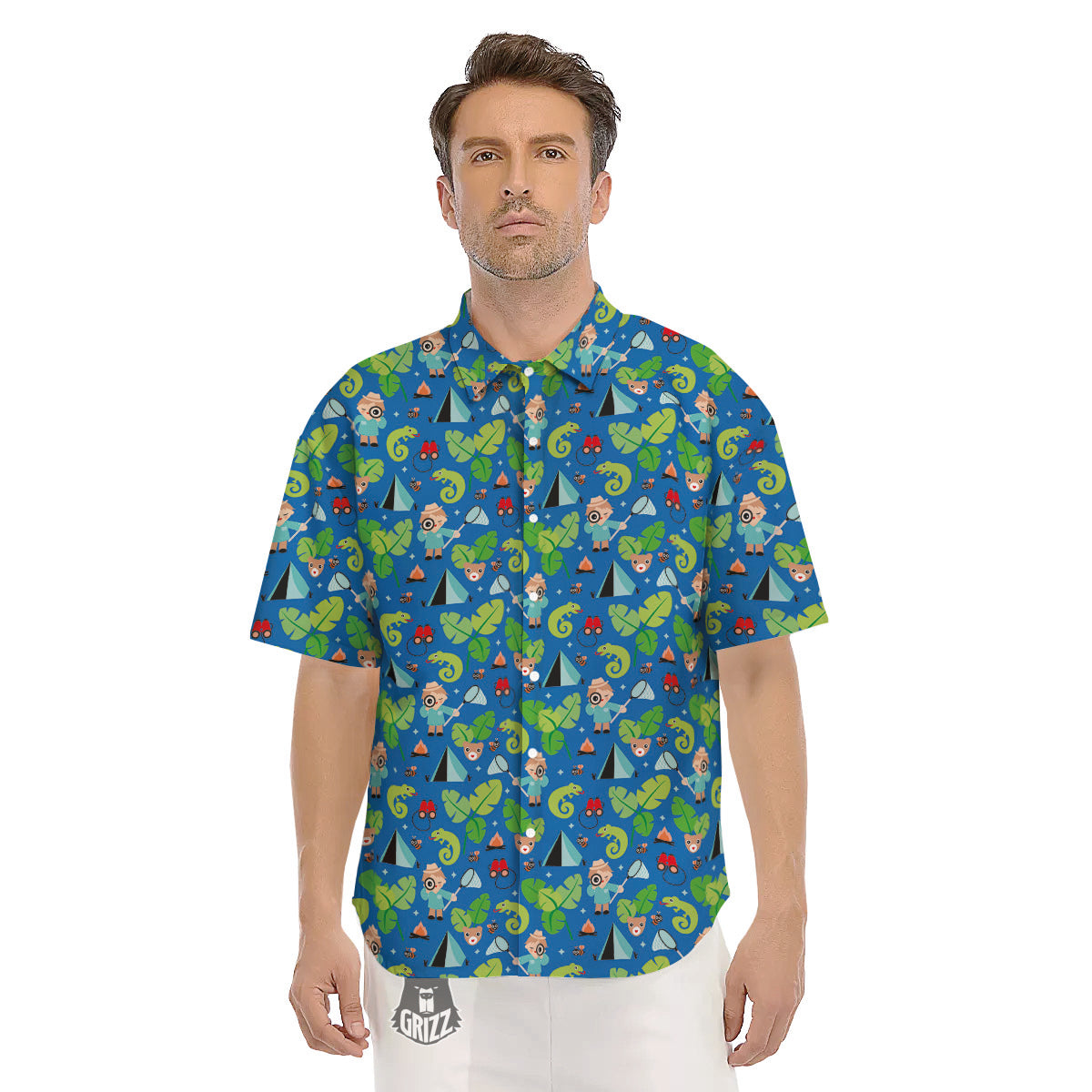 Camping Cute Print Pattern Men's Short Sleeve Shirts-grizzshop