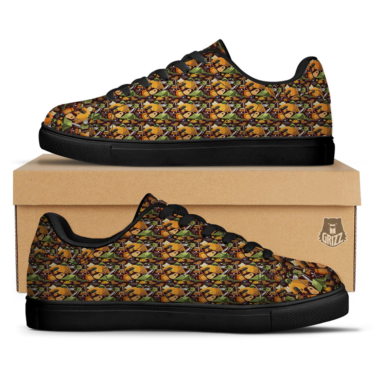Camping Equipment Print Pattern Black Low Top Sneakers-grizzshop