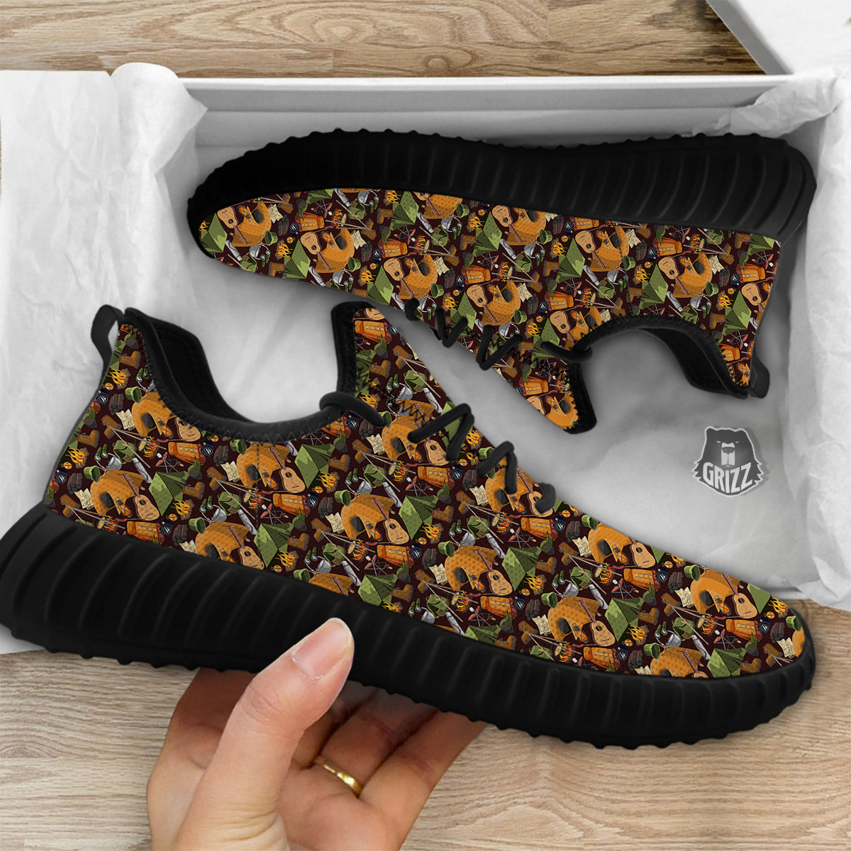 Camping Equipment Print Pattern Black Walking Shoes-grizzshop