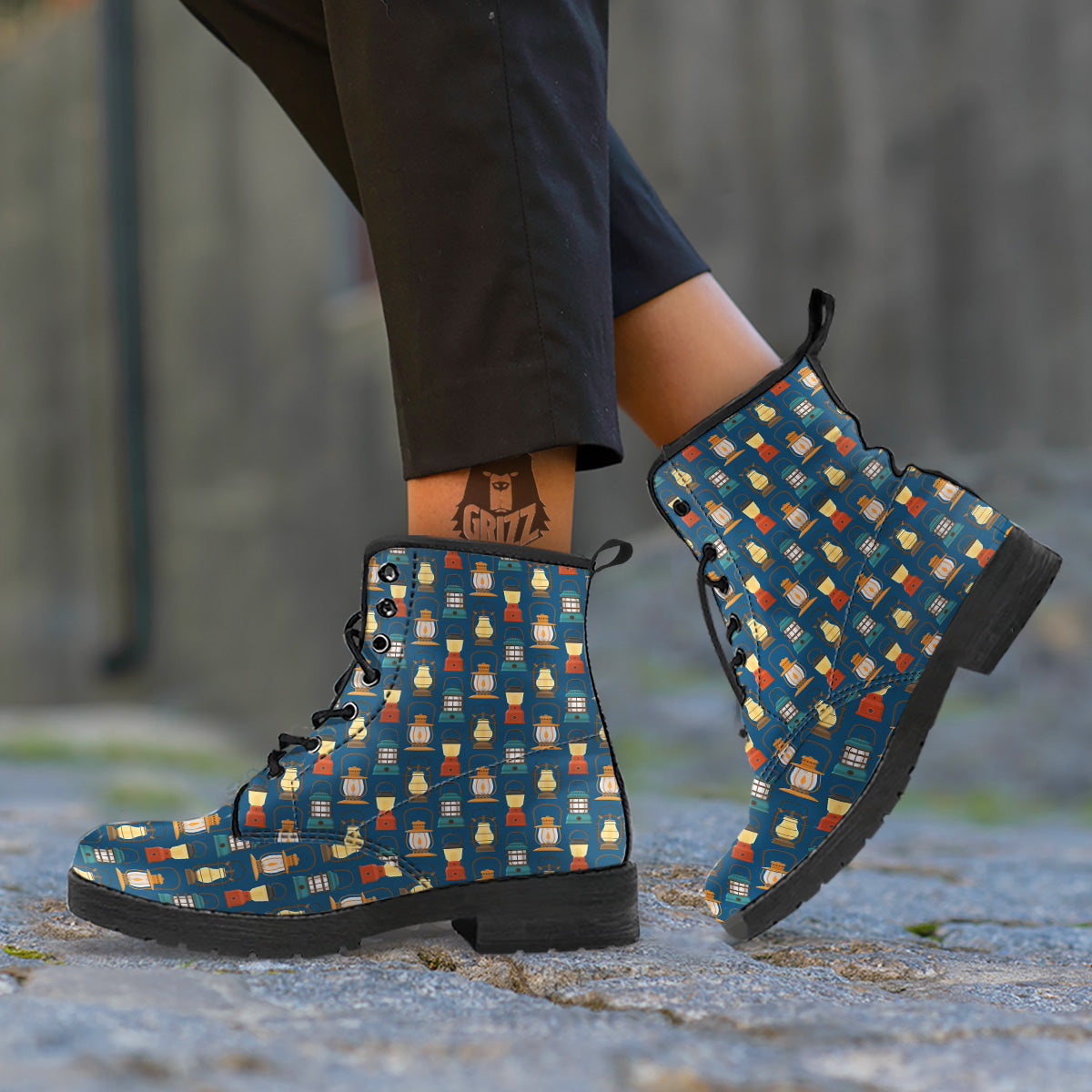 Camping Lantern Vintage Print Pattern Leather Boots-grizzshop