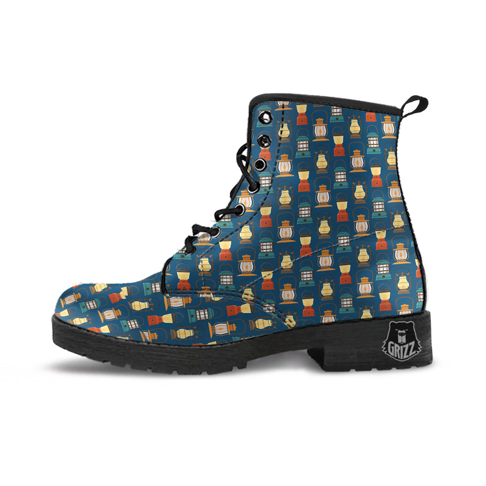 Camping Lantern Vintage Print Pattern Leather Boots-grizzshop