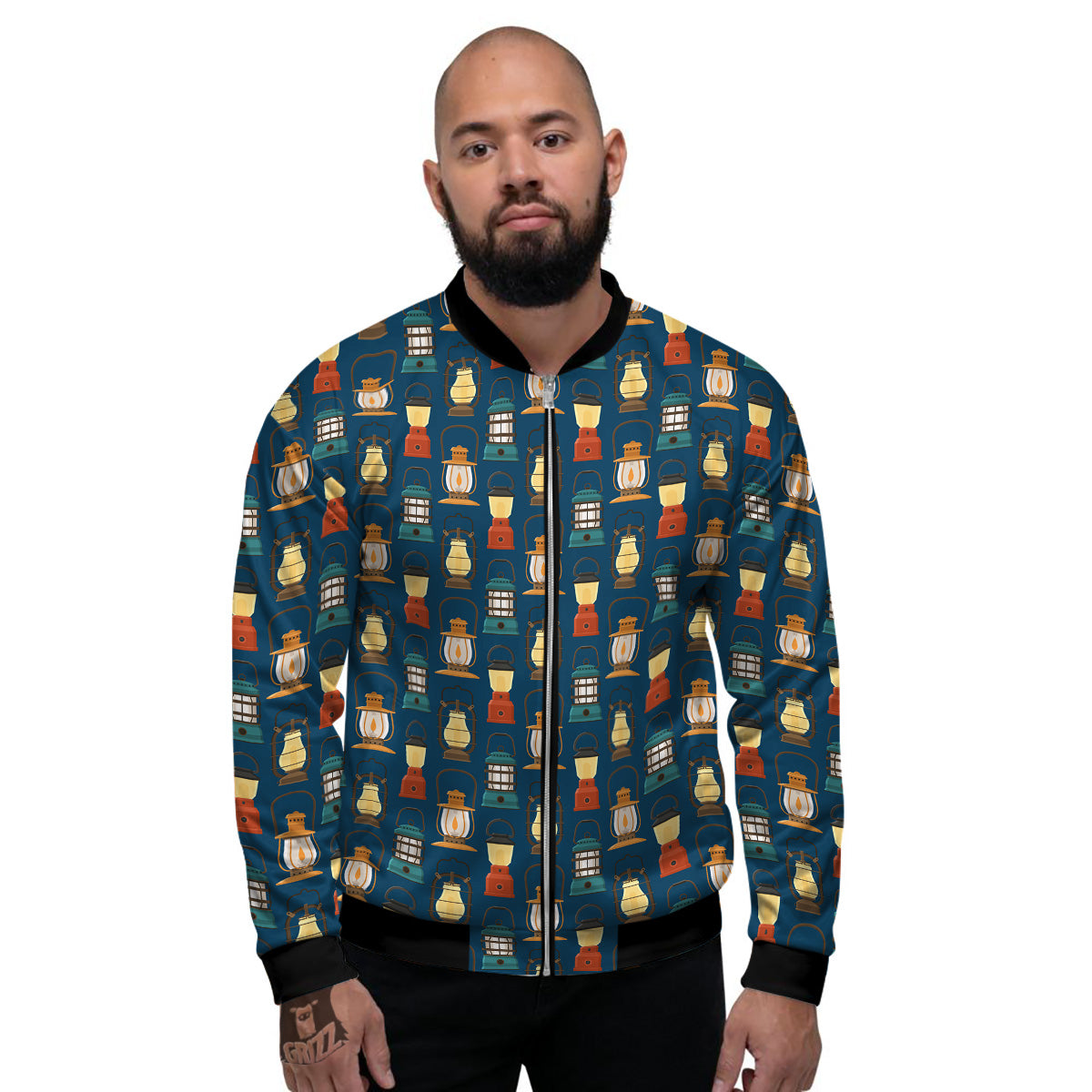 Camping Lantern Vintage Print Pattern Men's Bomber Jacket-grizzshop