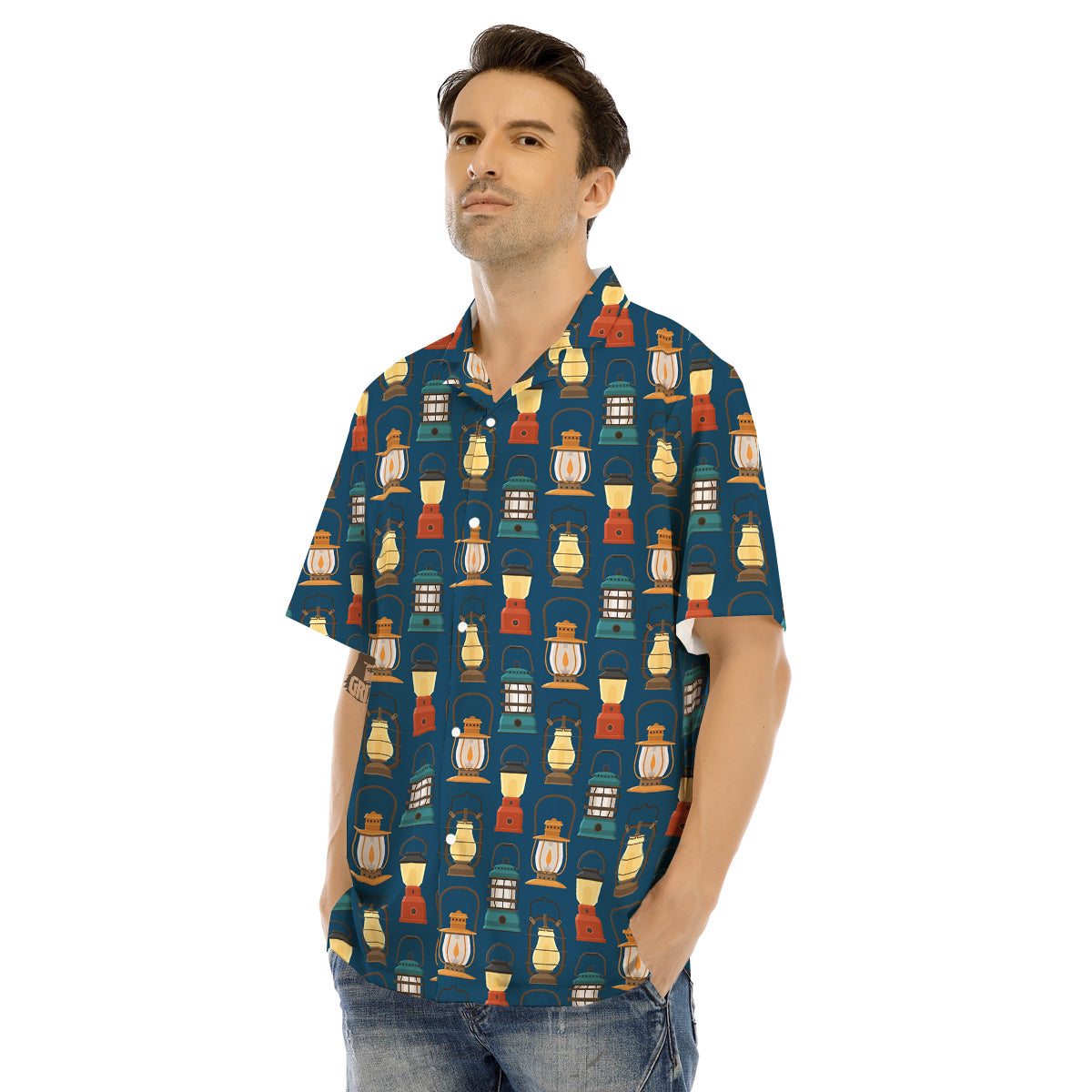 Camping Lantern Vintage Print Pattern Men's Hawaiian Shirt-grizzshop