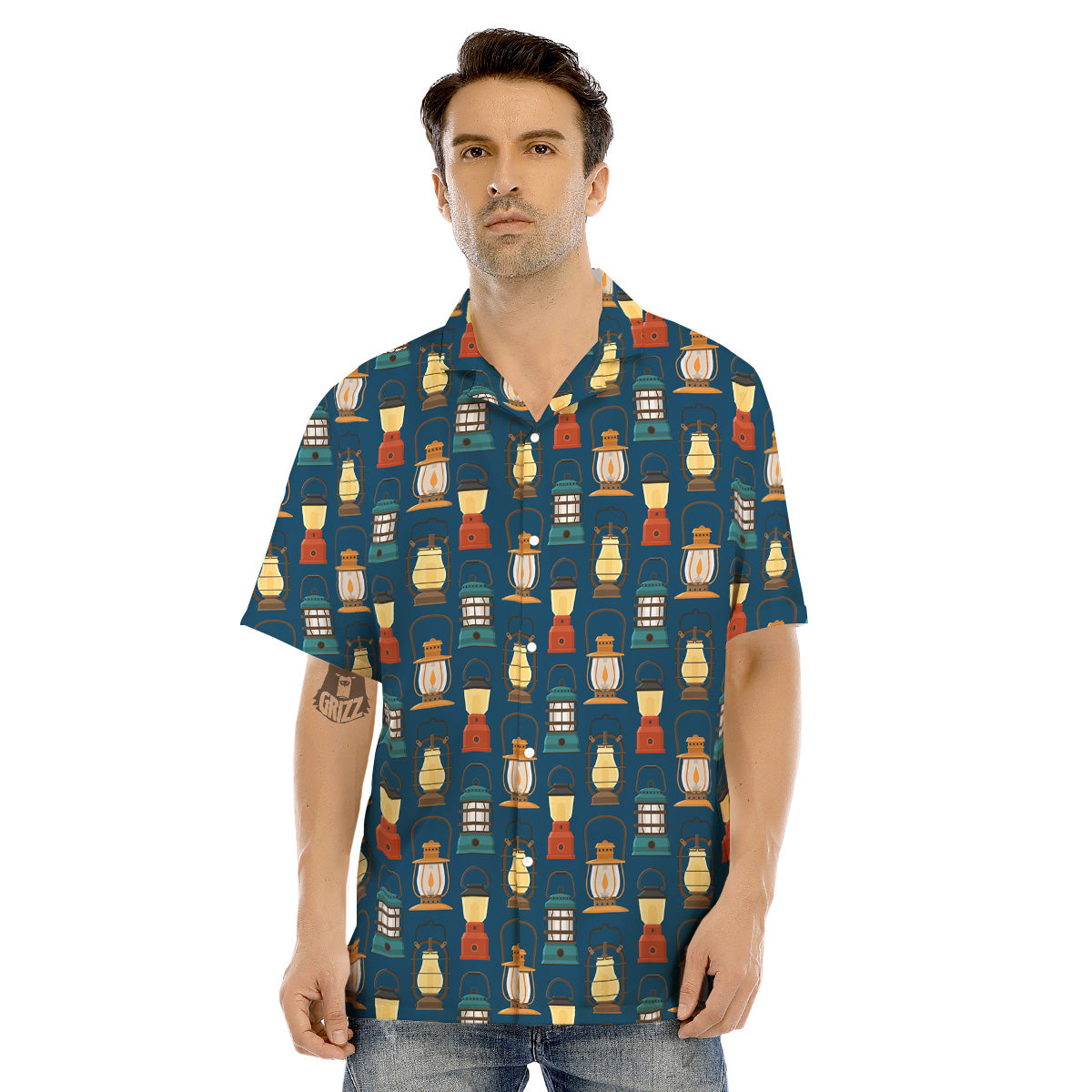 Camping Lantern Vintage Print Pattern Men's Hawaiian Shirt-grizzshop