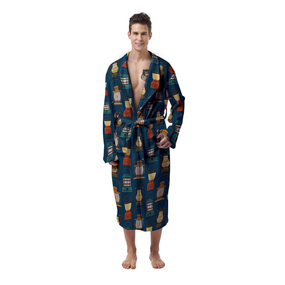 Camping Lantern Vintage Print Pattern Men's Robe-grizzshop