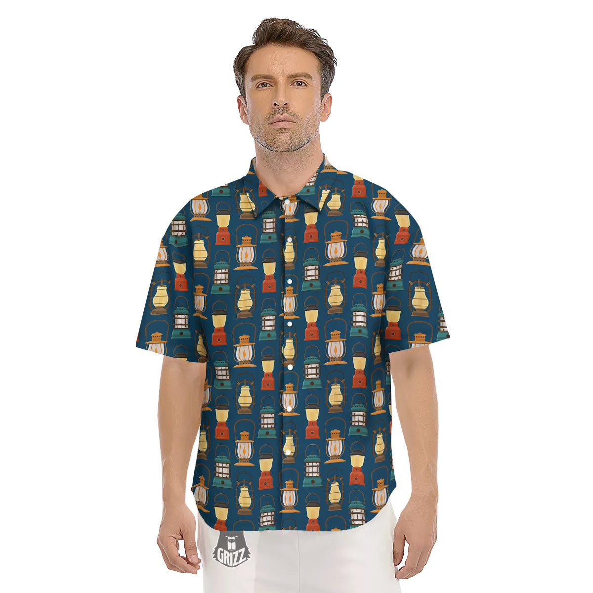 Camping Lantern Vintage Print Pattern Men's Short Sleeve Shirts-grizzshop