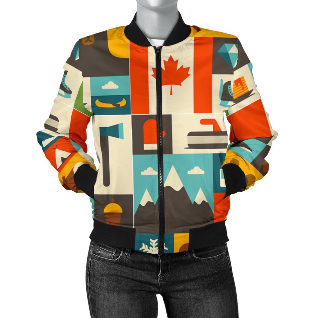 Canada Pattern Print Women Casual Bomber Jacket-grizzshop