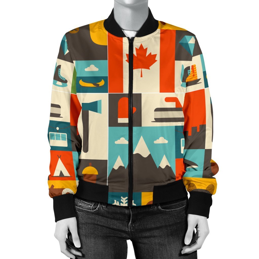 Canada Pattern Print Women Casual Bomber Jacket-grizzshop