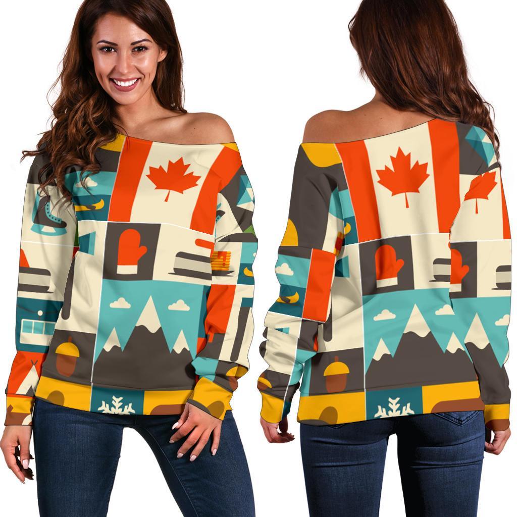 Canada Pattern Print Women Off Shoulder Sweatshirt-grizzshop