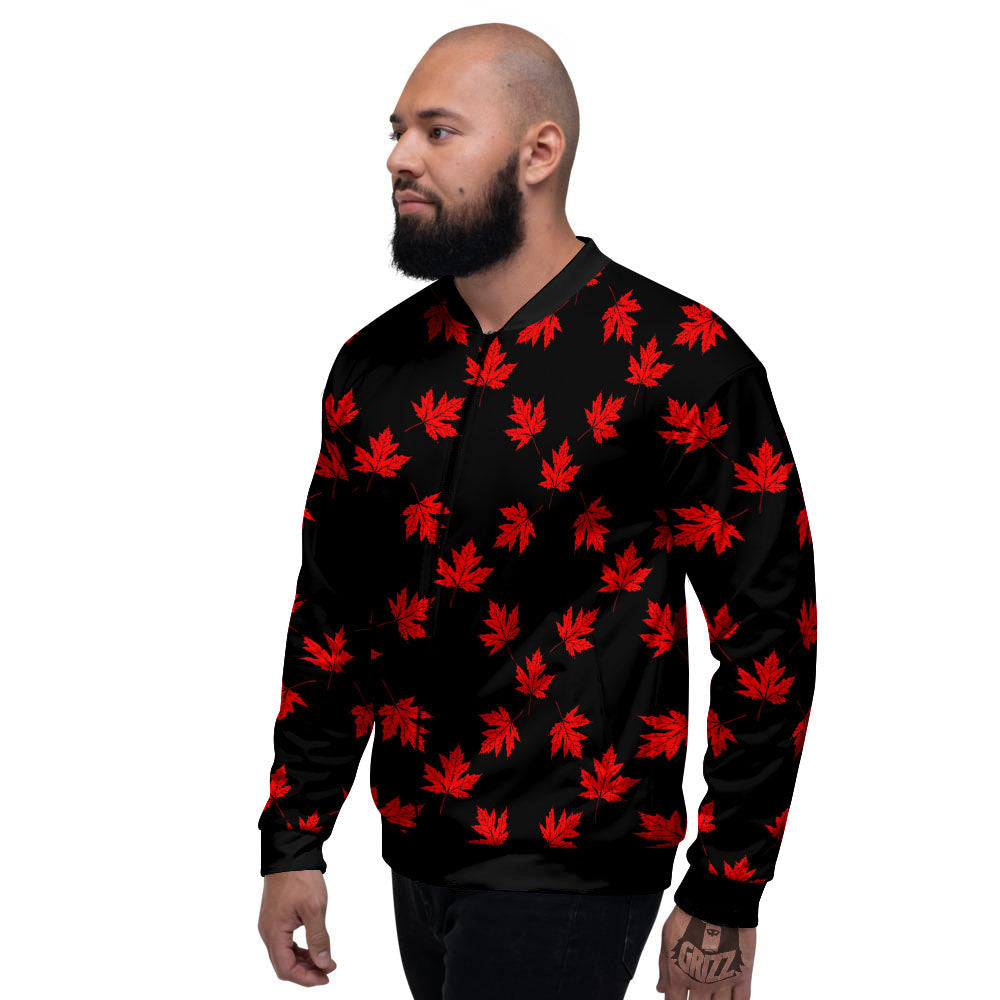 Canadian Maple Leaf Red And Black Print Men's Bomber Jacket-grizzshop