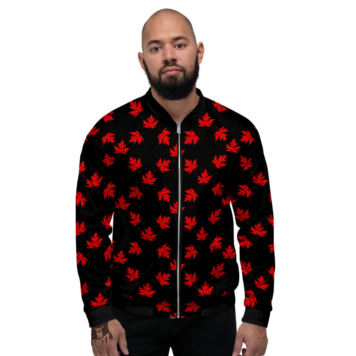 Canadian Maple Leaf Red And Black Print Men's Bomber Jacket-grizzshop