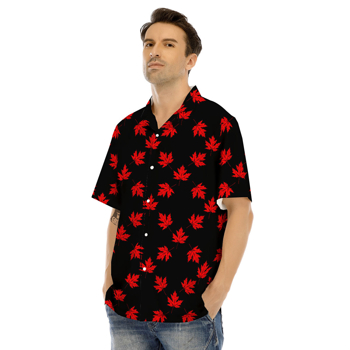 Canadian Maple Leaf Red And Black Print Men's Hawaiian Shirt-grizzshop