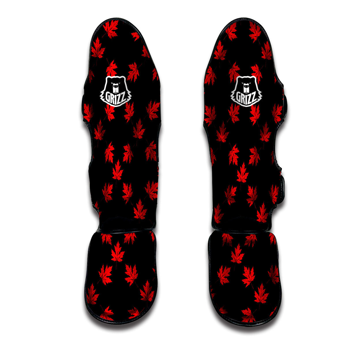 Canadian Maple Leaf Red And Black Print Muay Thai Shin Guards-grizzshop