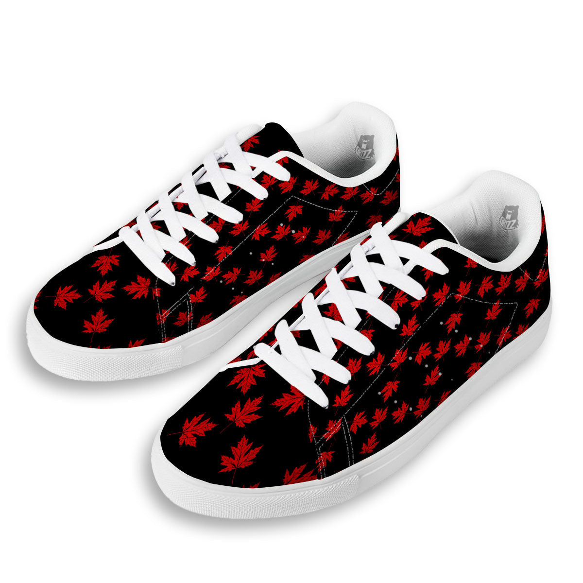 Canadian Maple Leaf Red And Black Print White Low Top Sneakers-grizzshop