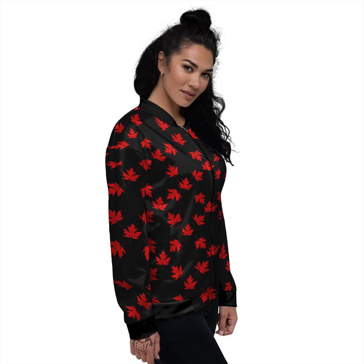 Canadian Maple Leaf Red And Black Print Women's Bomber Jacket-grizzshop