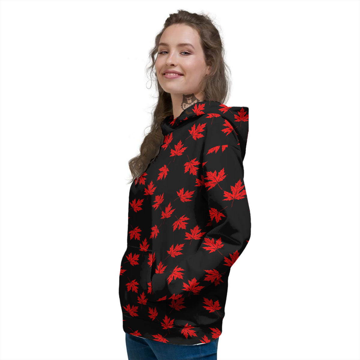 Canadian Maple Leaf Red And Black Print Women's Hoodie-grizzshop