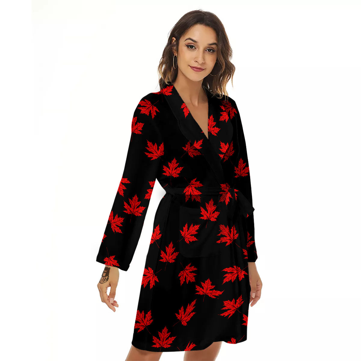 Canadian Maple Leaf Red And Black Print Women's Robe-grizzshop