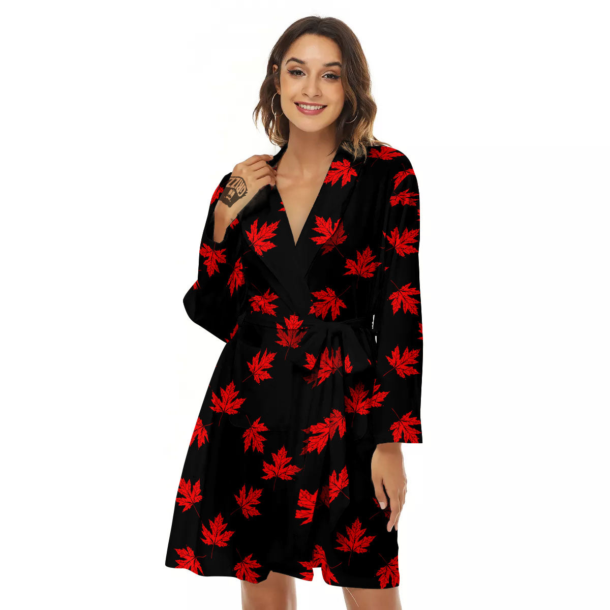 Canadian Maple Leaf Red And Black Print Women's Robe-grizzshop