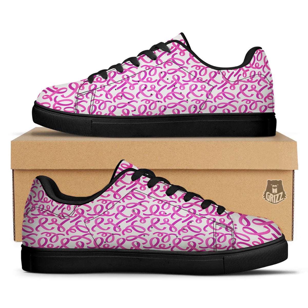 Cancer Awareness Print Pattern Black Low Top Sneakers-grizzshop