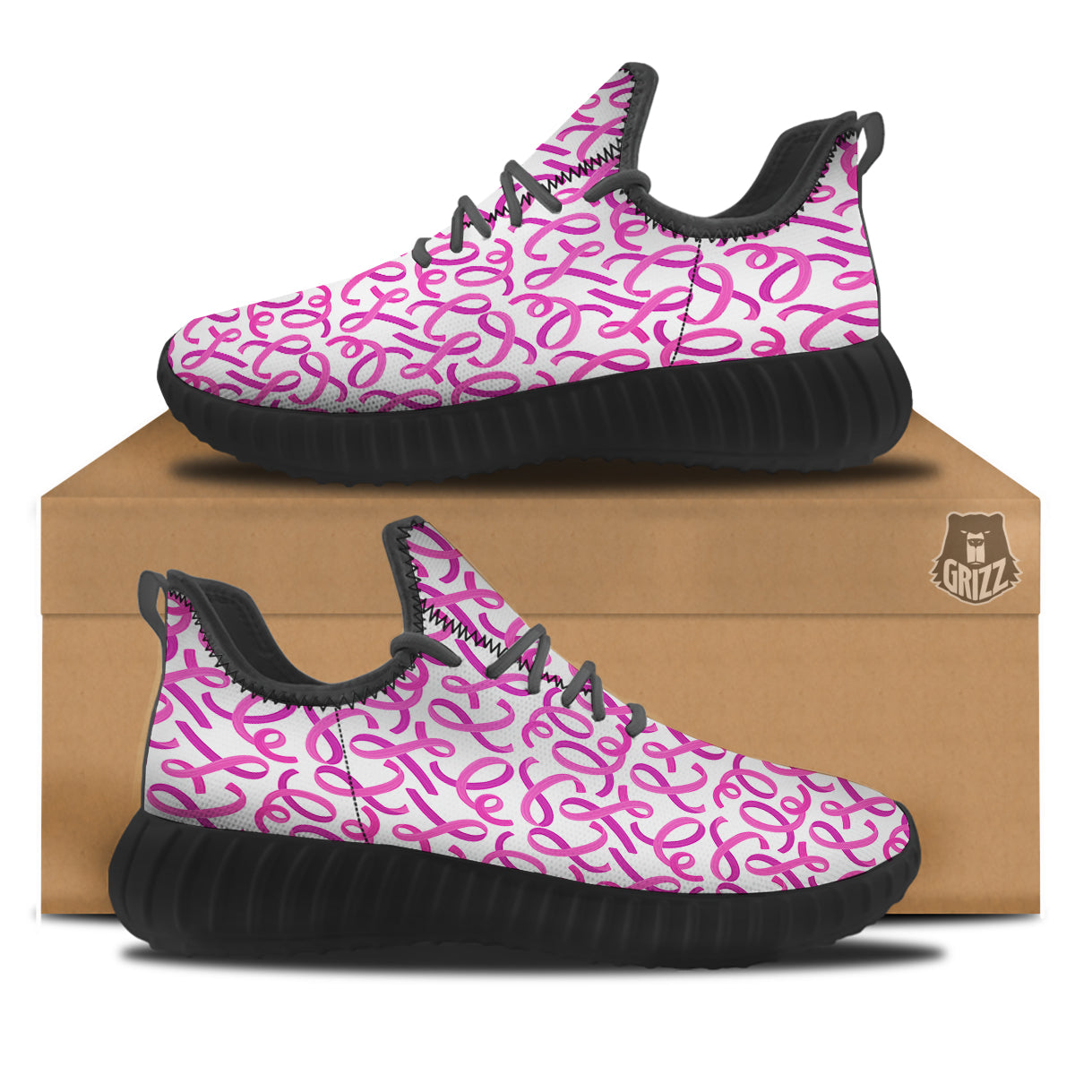 Cancer Awareness Print Pattern Black Walking Shoes-grizzshop