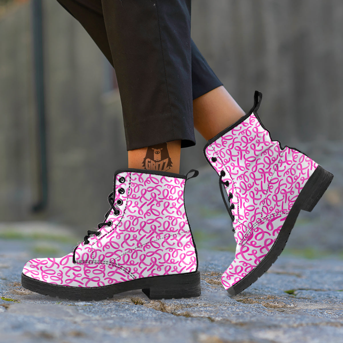 Cancer Awareness Print Pattern Leather Boots-grizzshop