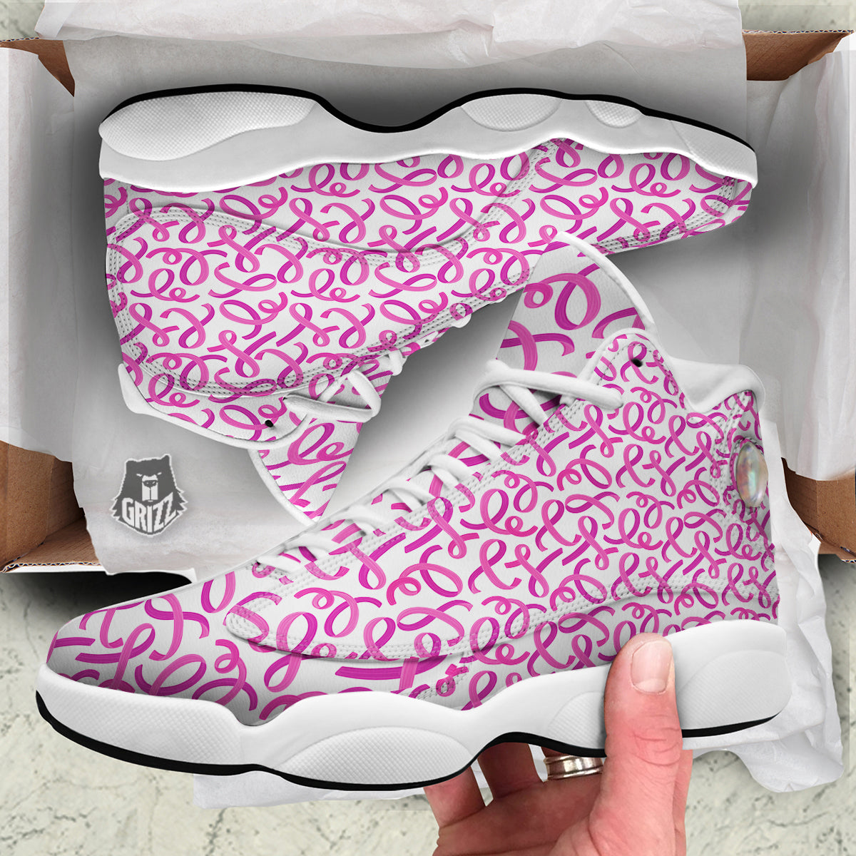 Cancer Awareness Print Pattern White Basketball Shoes-grizzshop