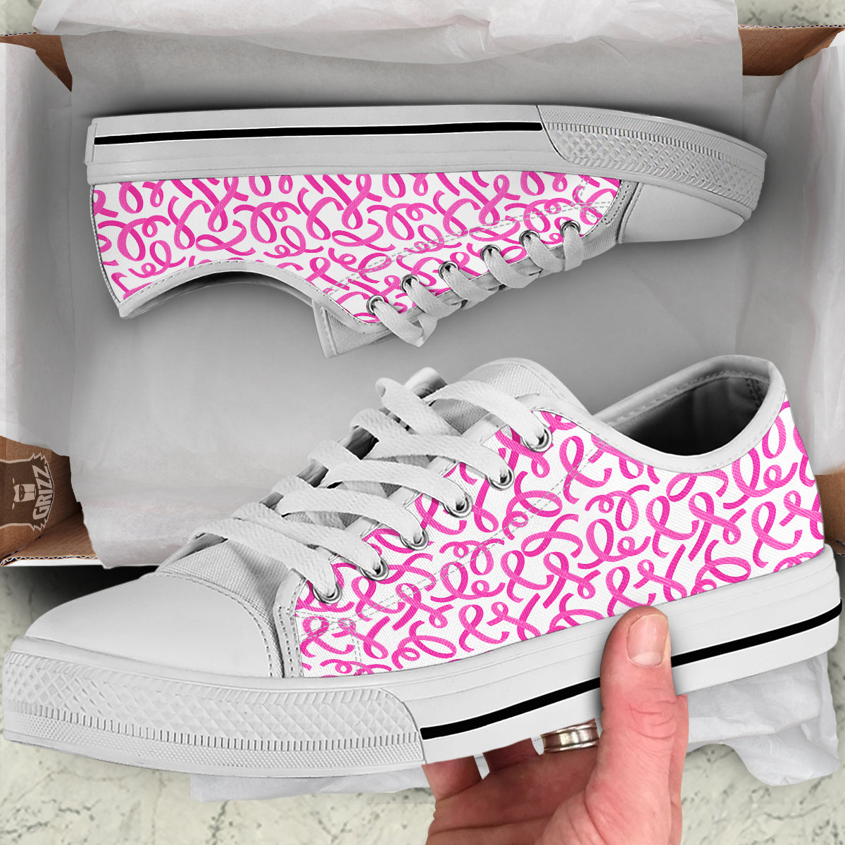 Cancer Awareness Print Pattern White Low Top Shoes-grizzshop