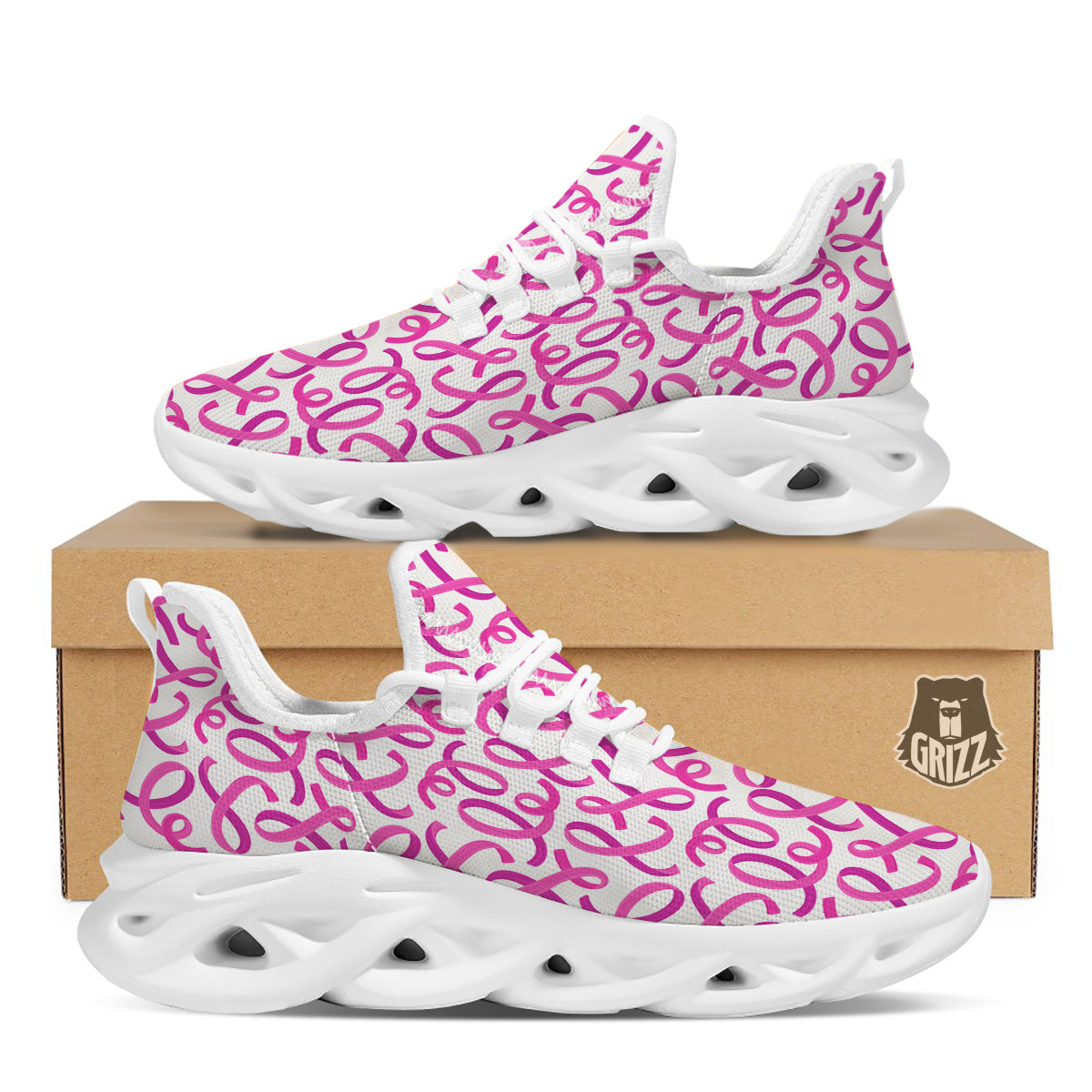 Cancer Awareness Print Pattern White Running Shoes-grizzshop