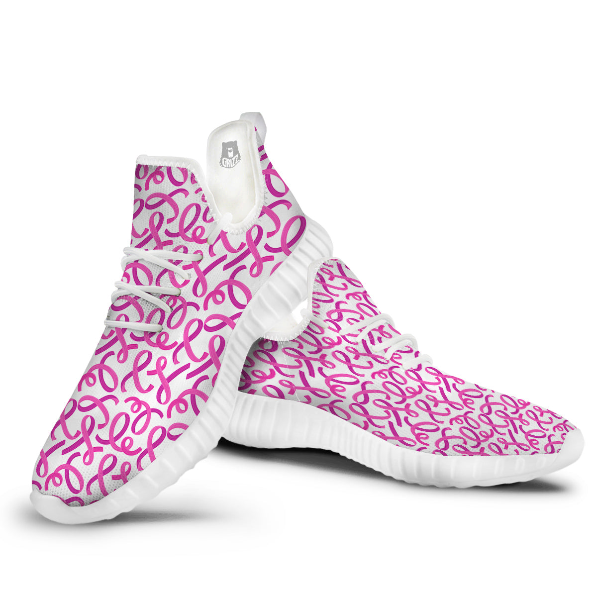 Cancer Awareness Print Pattern White Walking Shoes-grizzshop