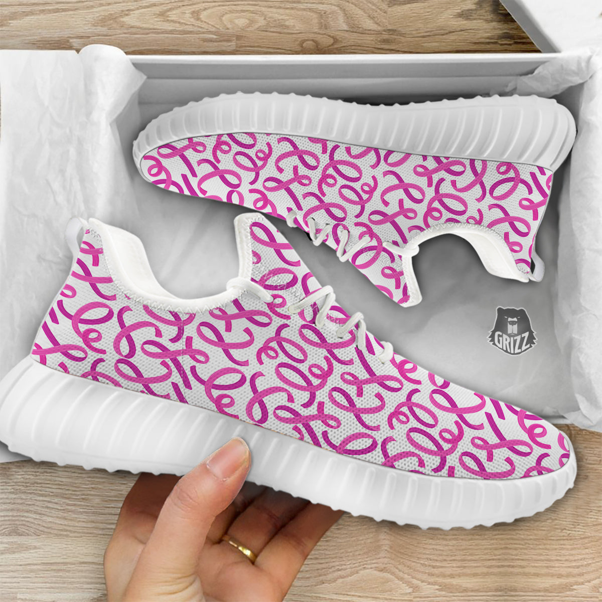 Cancer Awareness Print Pattern White Walking Shoes-grizzshop