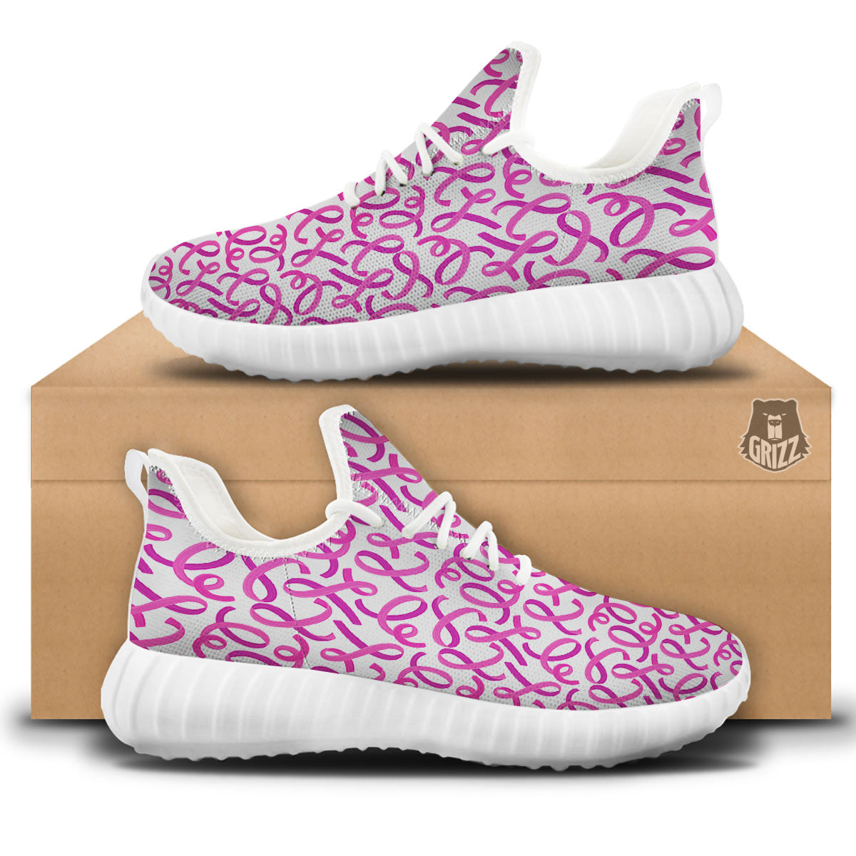 Cancer Awareness Print Pattern White Walking Shoes-grizzshop