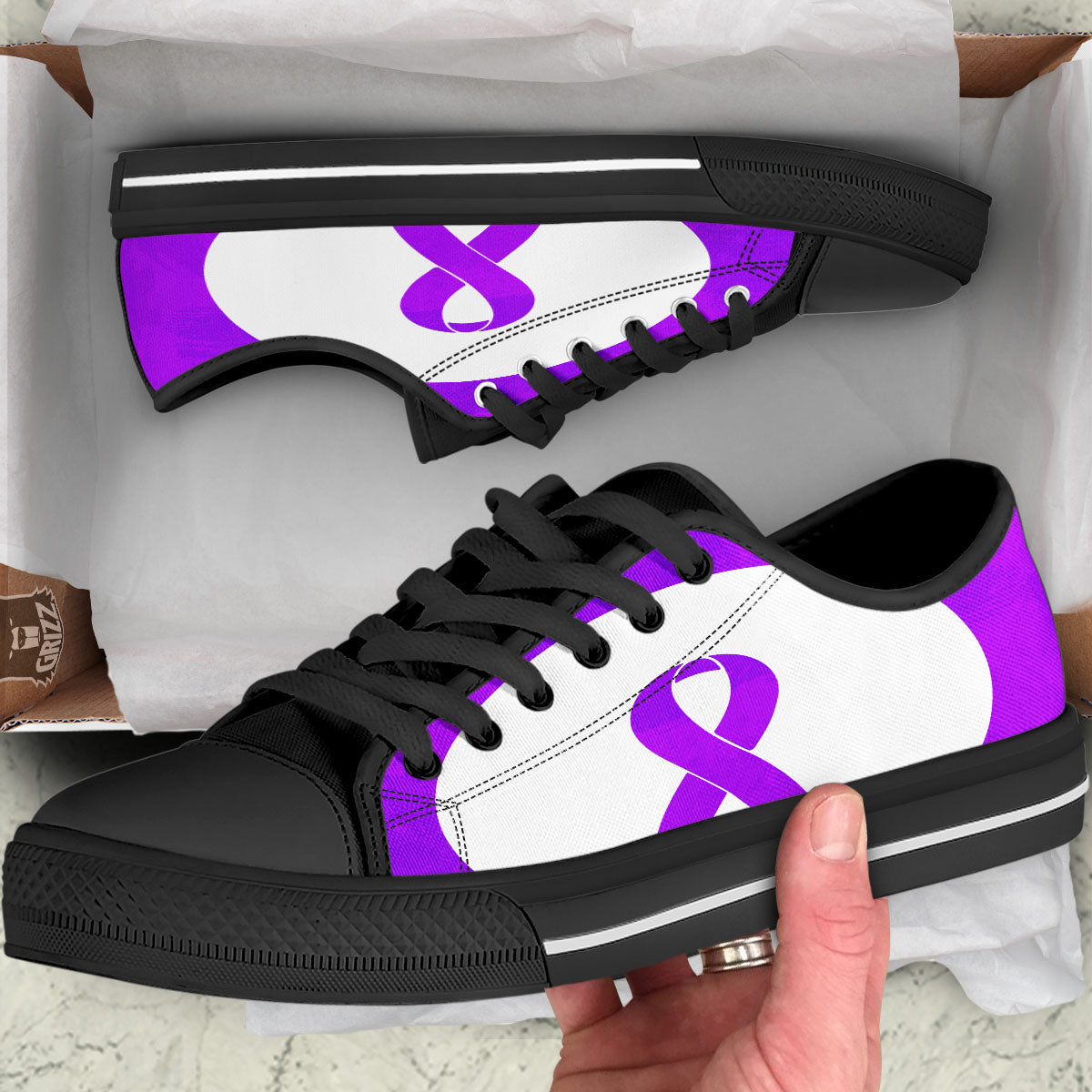Cancer Awareness Ribbon Purple Print Black Low Top Shoes-grizzshop