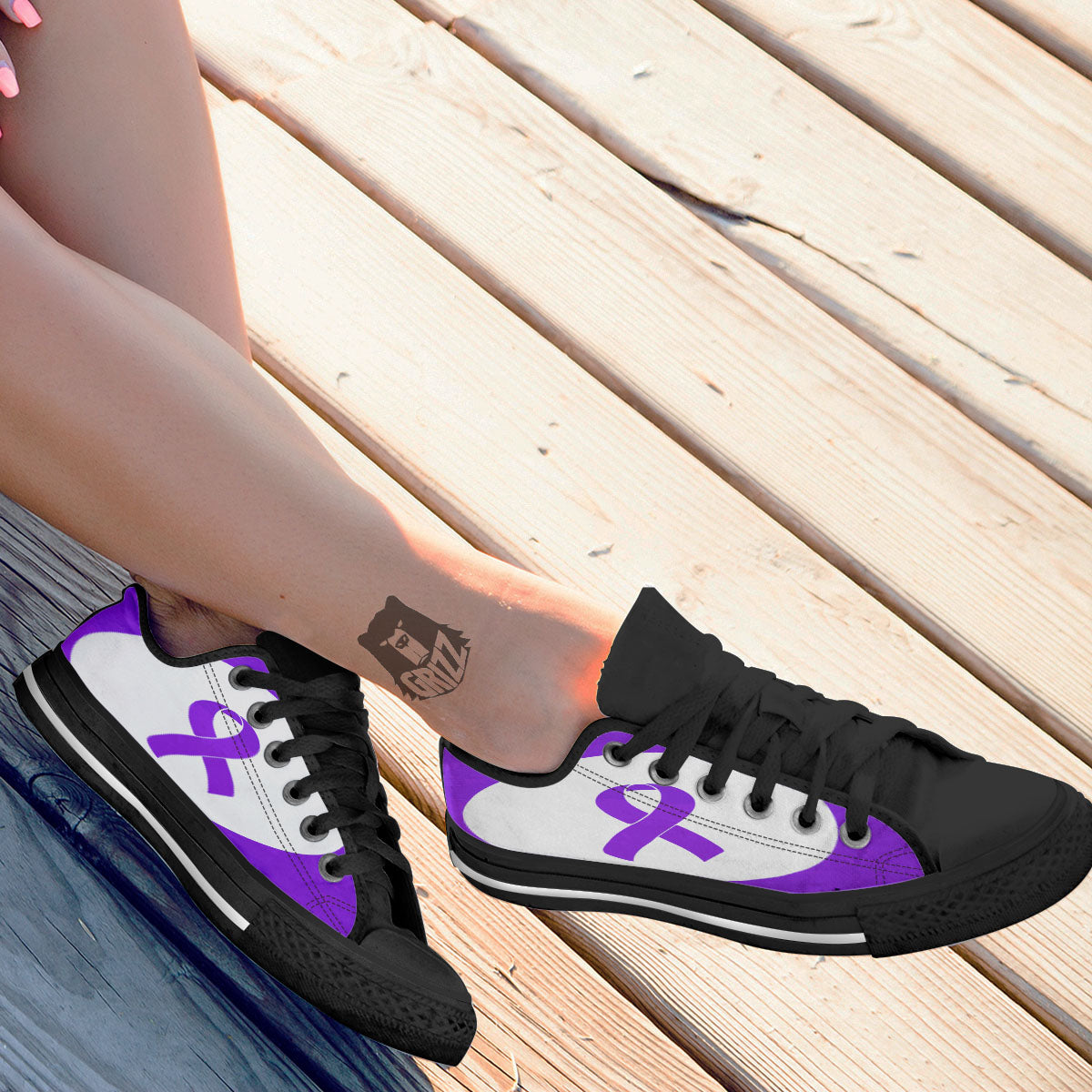 Cancer Awareness Ribbon Purple Print Black Low Top Shoes-grizzshop