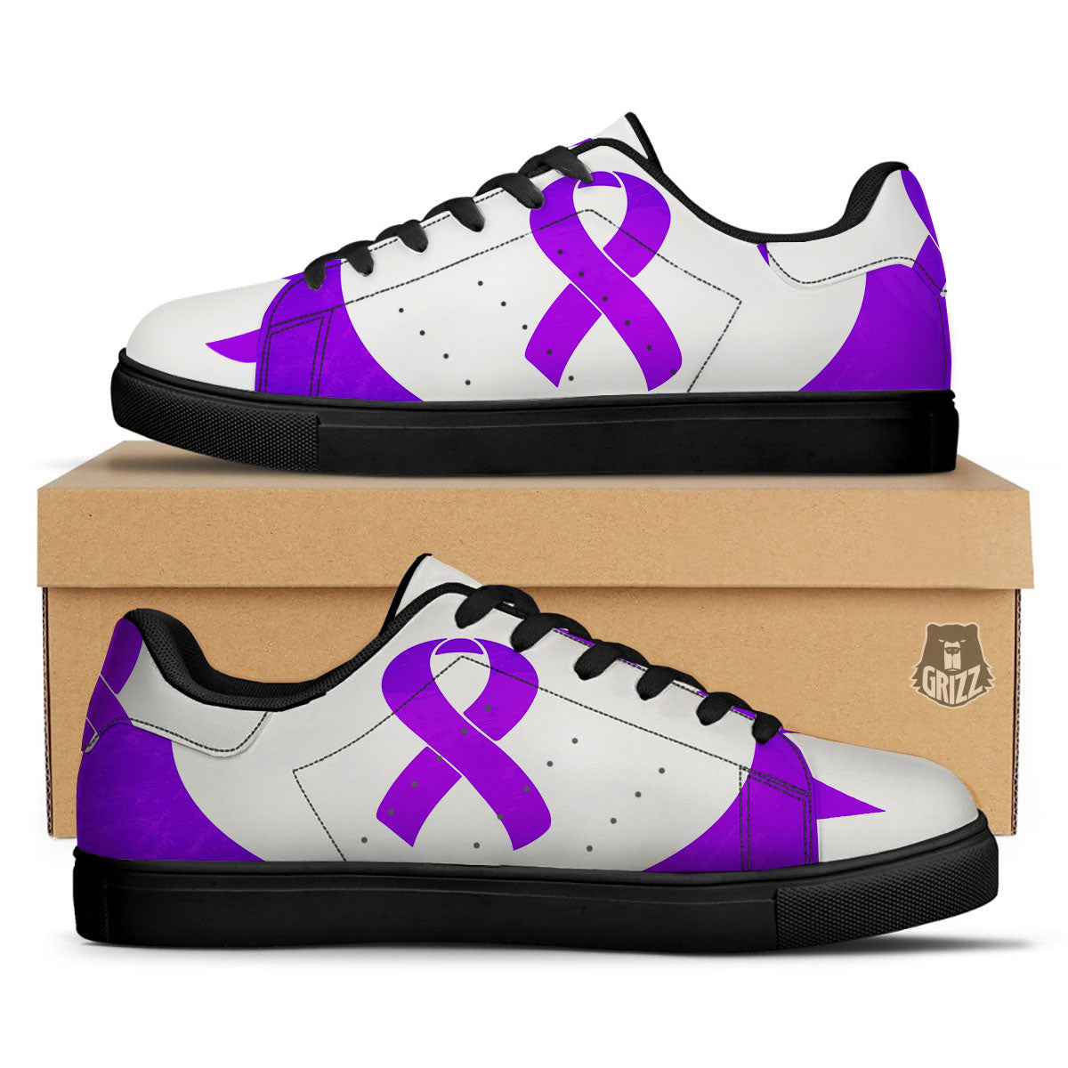 Cancer Awareness Ribbon Purple Print Black Low Top Sneakers-grizzshop