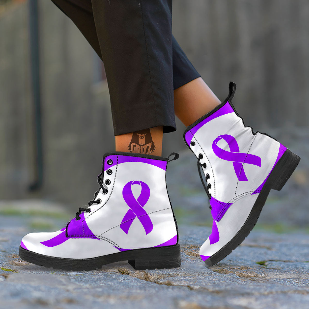 Cancer Awareness Ribbon Purple Print Leather Boots-grizzshop