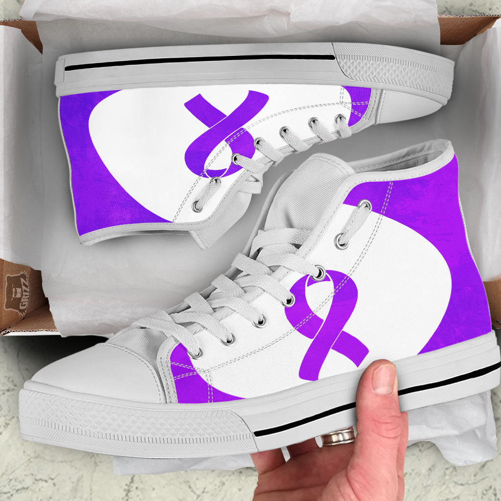 Cancer Awareness Ribbon Purple Print White High Top Shoes-grizzshop