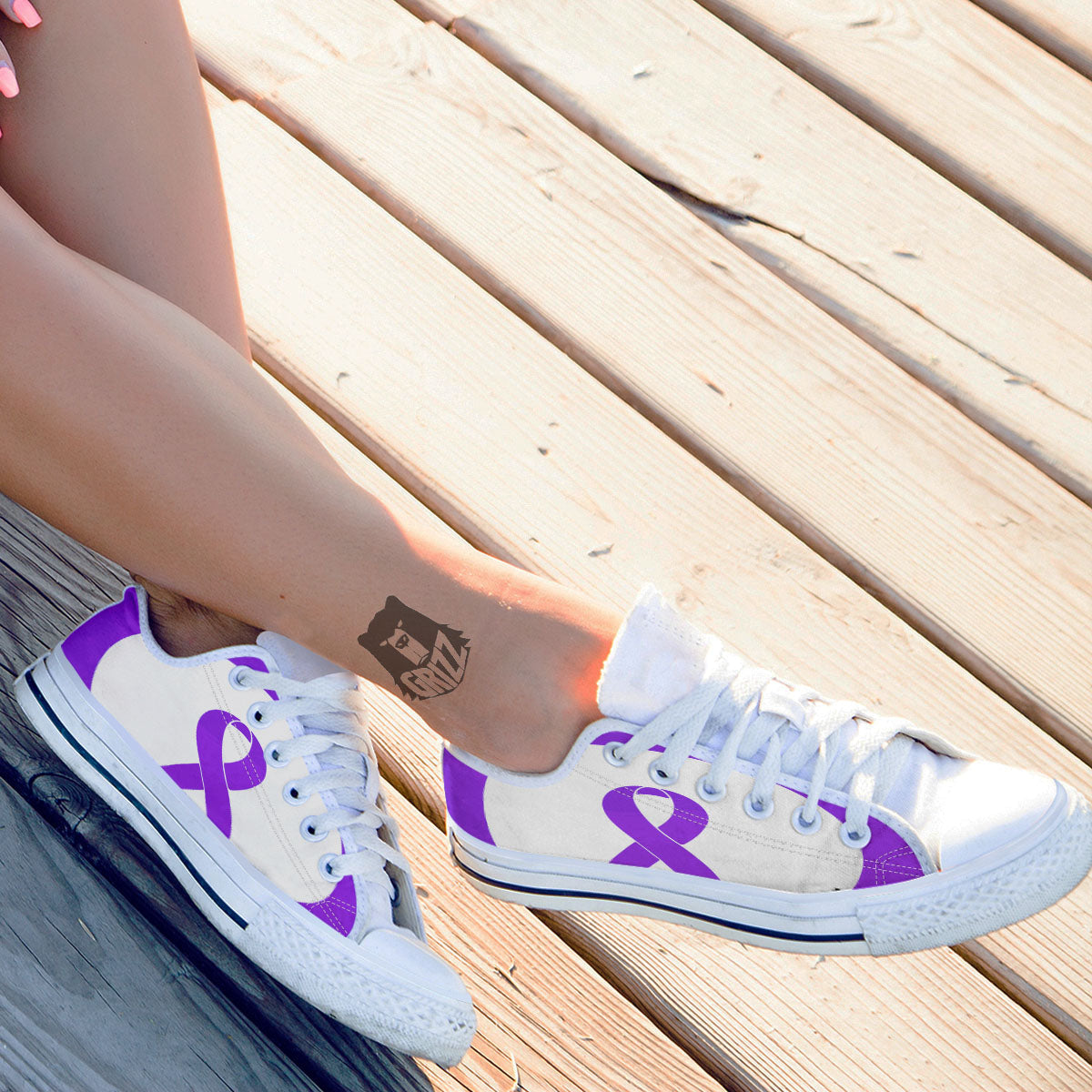 Cancer Awareness Ribbon Purple Print White Low Top Shoes-grizzshop