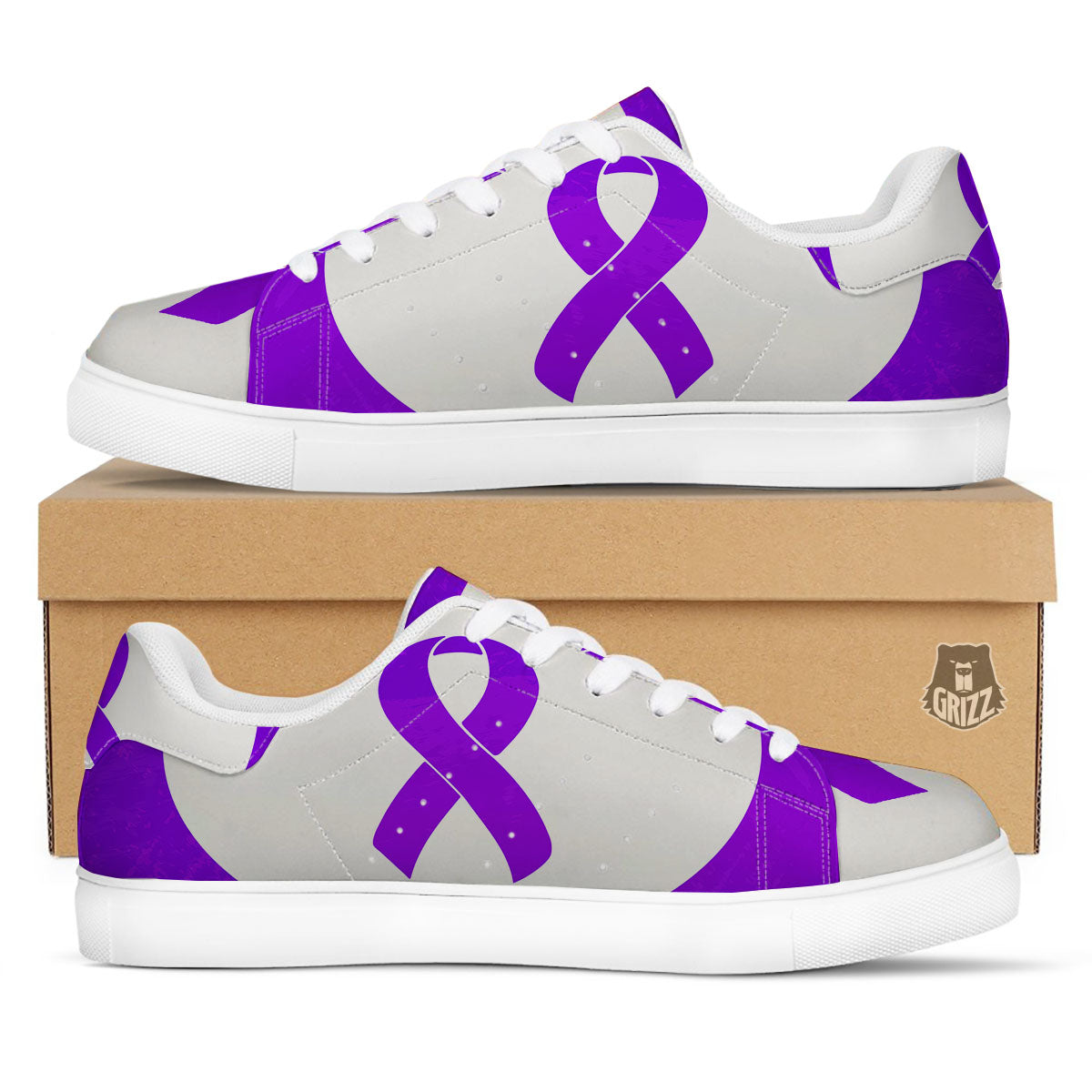 Cancer Awareness Ribbon Purple Print White Low Top Sneakers-grizzshop