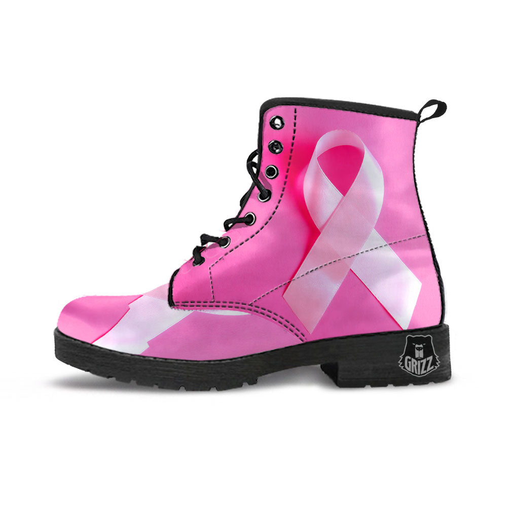 Cancer Breast Little Ribbon Print Leather Boots-grizzshop