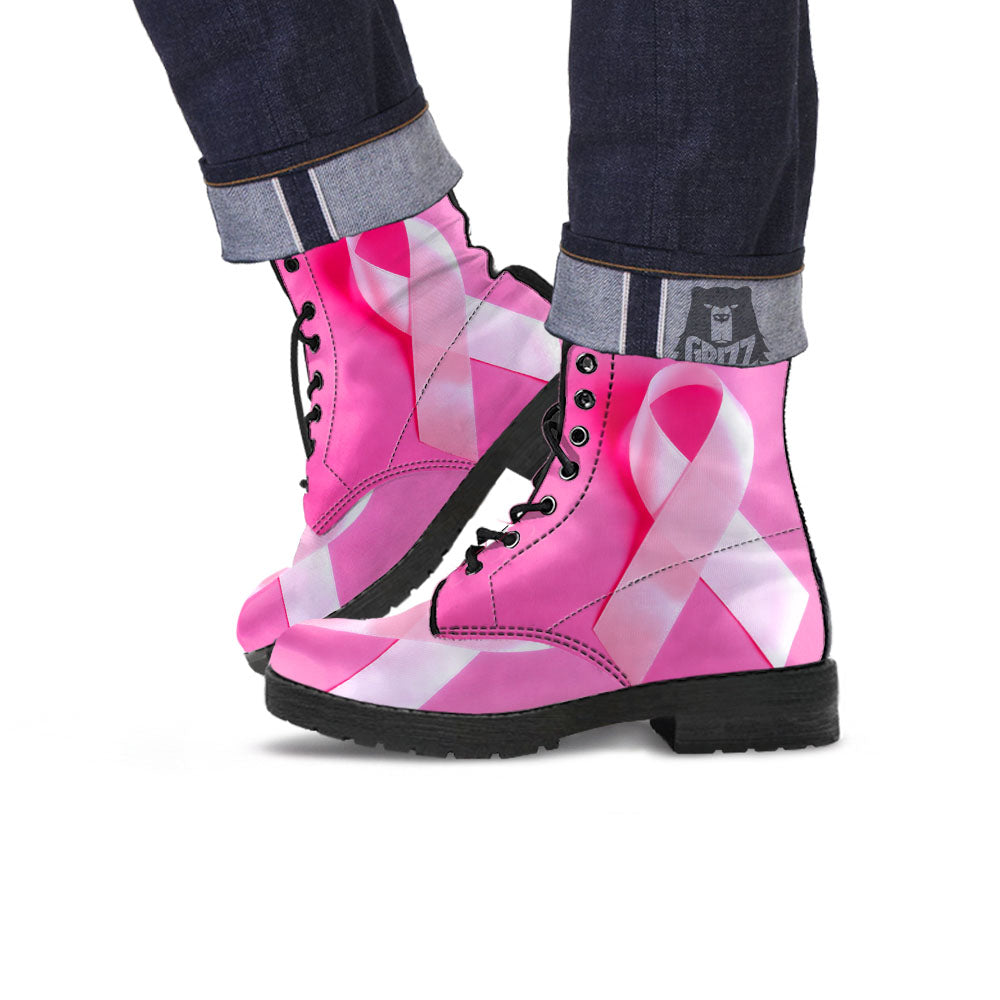 Cancer Breast Little Ribbon Print Leather Boots-grizzshop
