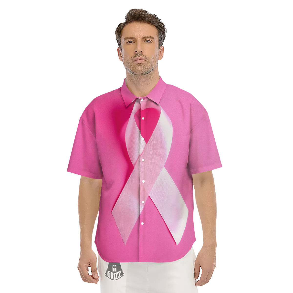 Cancer Breast Little Ribbon Print Men's Short Sleeve Shirts-grizzshop