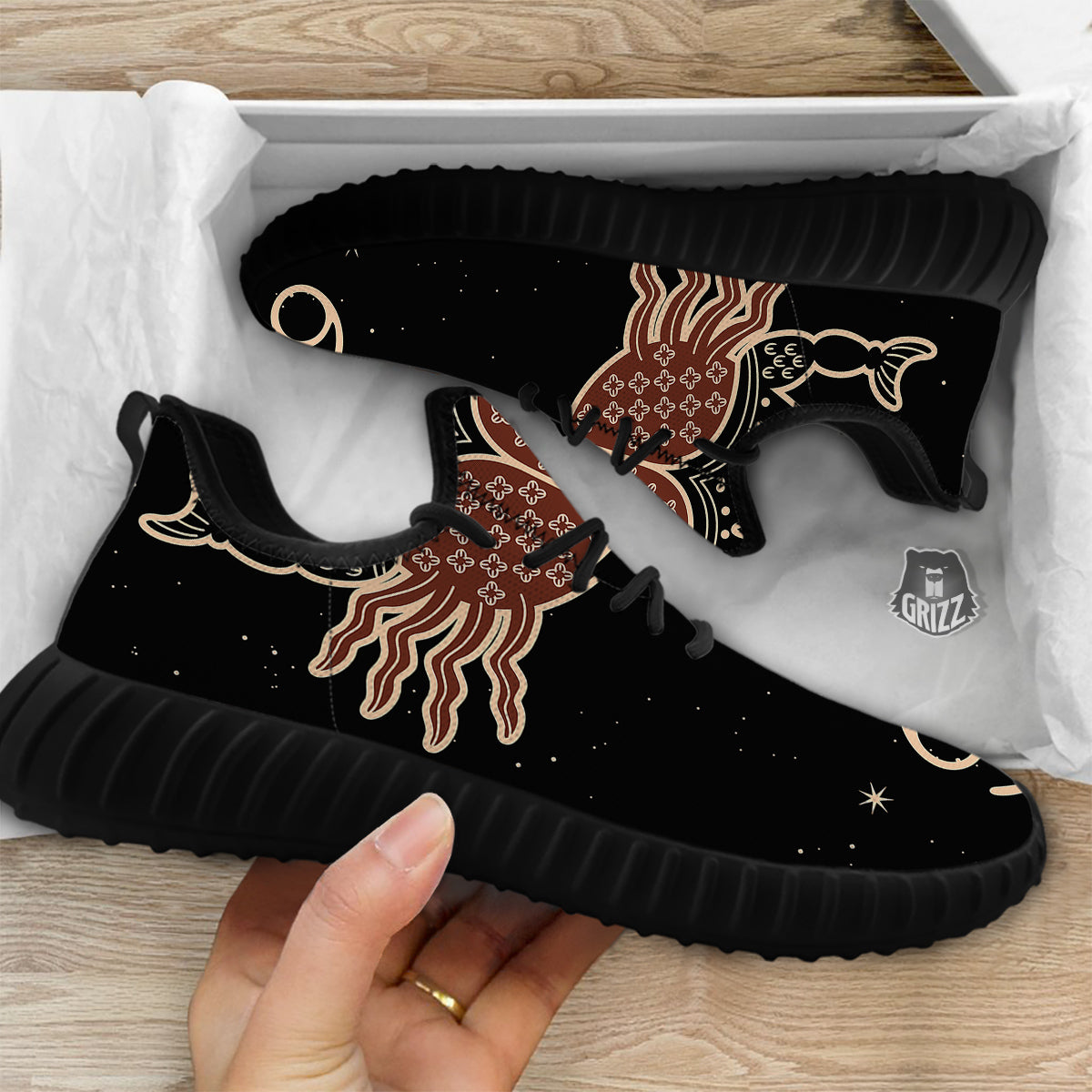 Cancer Constellation Print Black Walking Shoes-grizzshop