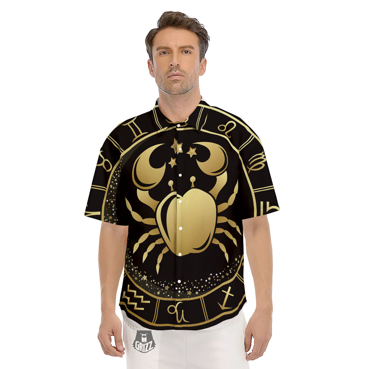 Cancer Sign Black And Gold Print Men's Short Sleeve Shirts-grizzshop