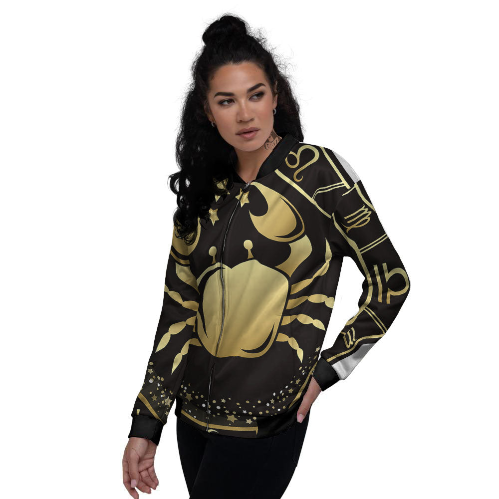 Cancer Sign Black And Gold Print Women's Bomber Jacket-grizzshop