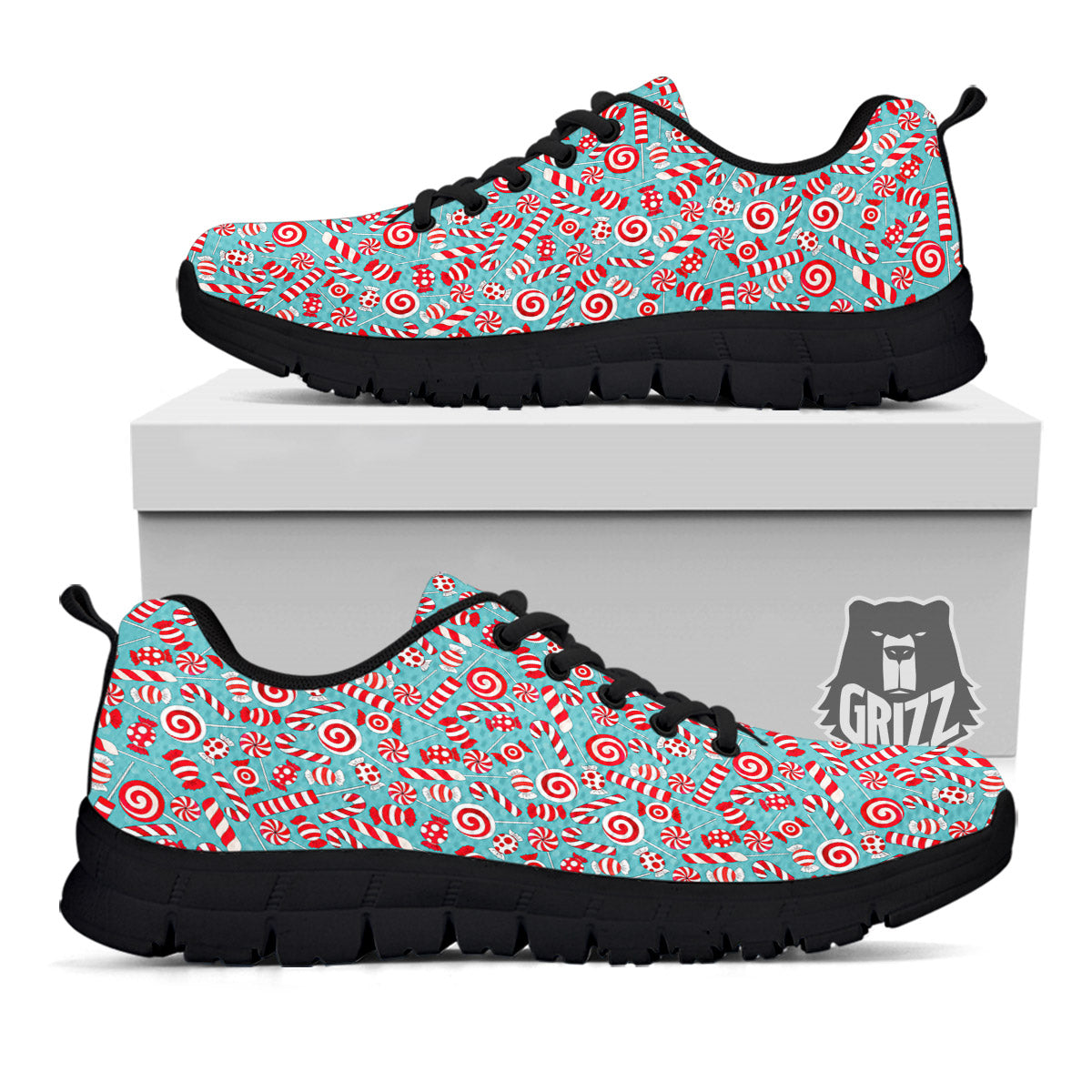 Candy Cane Christmas Print Pattern Black Sneaker-grizzshop